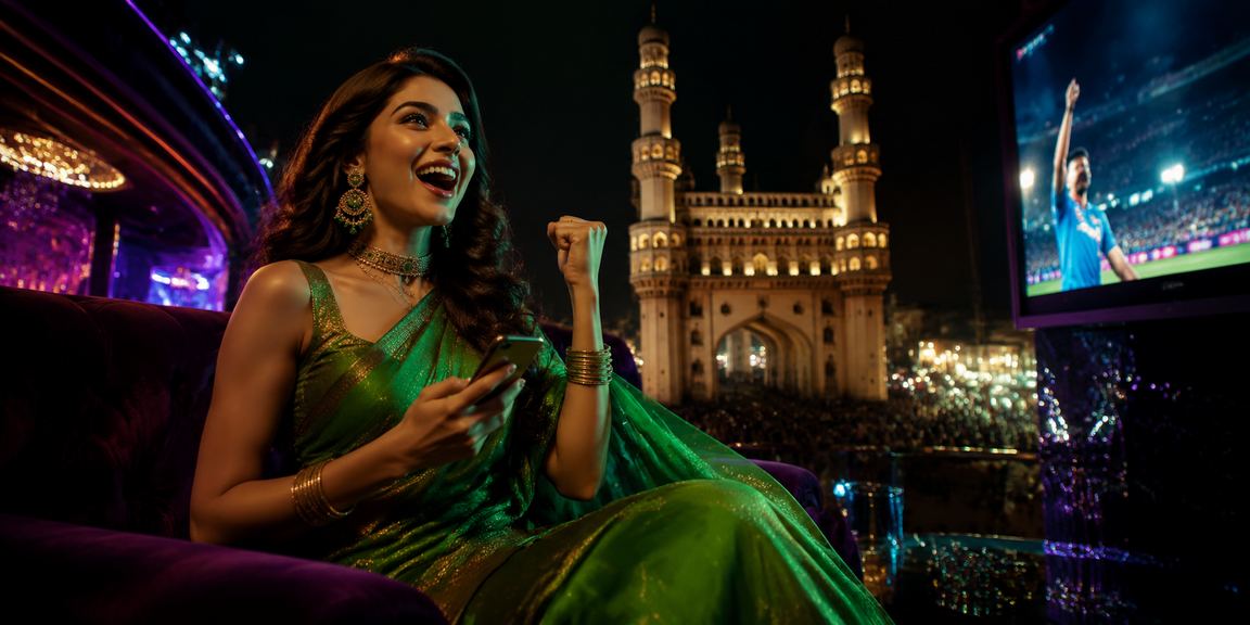 Hyderabad Charminar illuminated at night with festive atmosphere