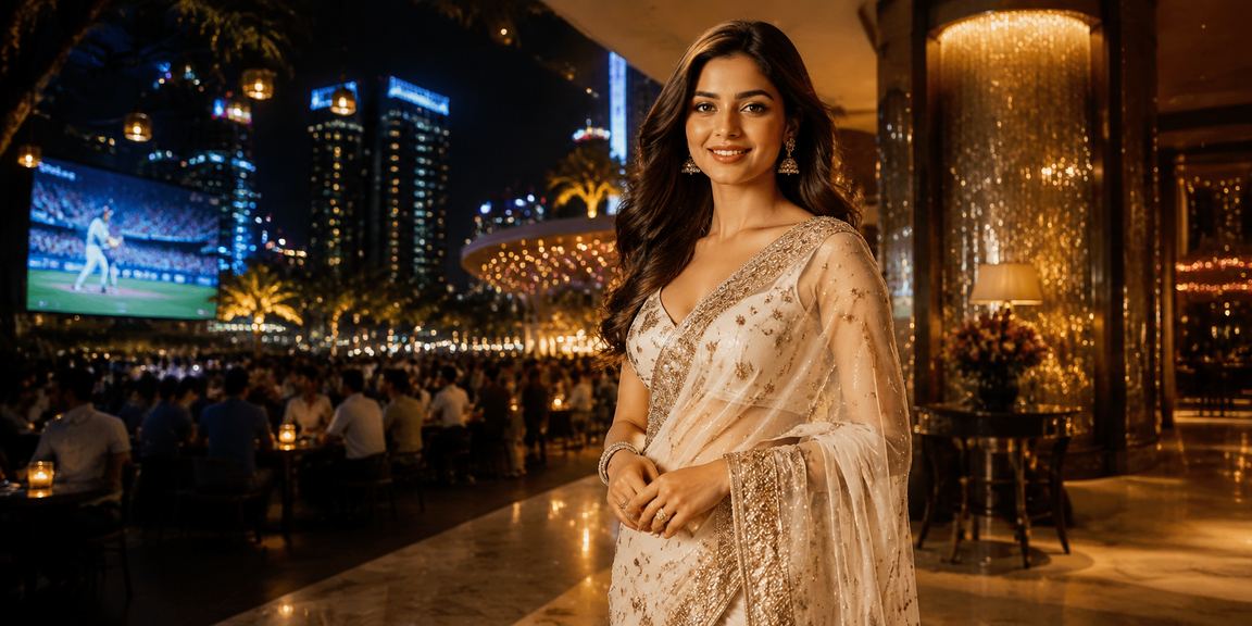 Indian woman enjoying cricket-themed betting on mobile device
